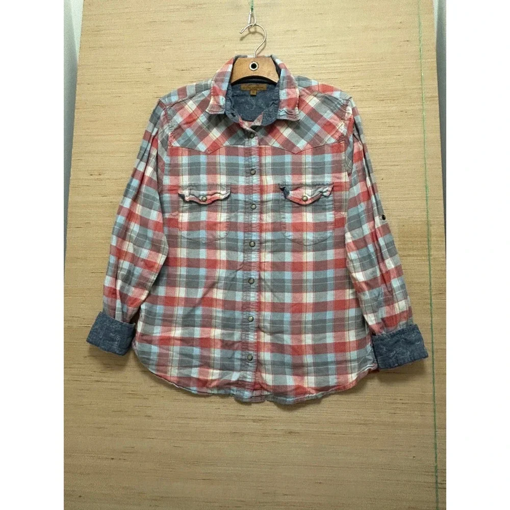 Jachs Girlfriend Womens Plaid Western Snap Button Shirt Red Blue Paisley Trim M‎